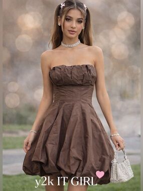 BCBGMaxAzria Y2K Silk Bubble Hem Strapless Dress Brown Size 8 Prom 2026 Coquette
